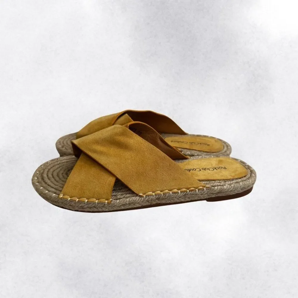 RockClub Couture Women's Mustard Yellow Suede Strap Espadrille Slides Size 9